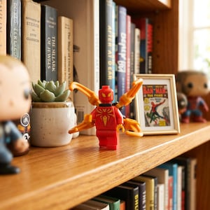 Peut inclure: Une figurine en briques de construction en plastique rouge et or avec quatre bras mécaniques s'étendant du dos, posée sur une étagère en bois à côté d'une petite plante succulente en pot et d'une couverture de BD miniature intitulée Ban-Man Tug Fish.