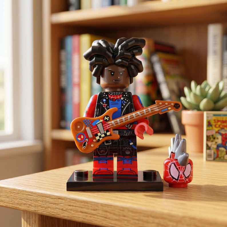 May include: A plastic minifigure with dark brown dreadlocks, wearing a black leather-style vest over a blue shirt, holding an orange electric guitar with colorful stickers. A separate red mask with silver spikes sits on the base next to the figure.