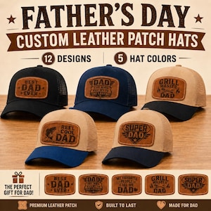 Può includere: Cinque cappellini da baseball con retro in rete e toppe in pelle personalizzate con vari design come Best Dad Ever, The Man The Myth The Legend, Grill Master Dad, Reel Cool Dad e Super Dad, mostrati con testo sulla festa del papà.