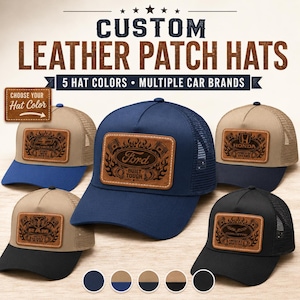 May include: Five trucker hats with mesh backs and leather patches featuring various car brand logos and flame designs. Text on the image reads: CUSTOM LEATHER PATCH HATS, 5 HAT COLORS, MULTIPLE CAR BRANDS, CHOOSE YOUR Hat Color.