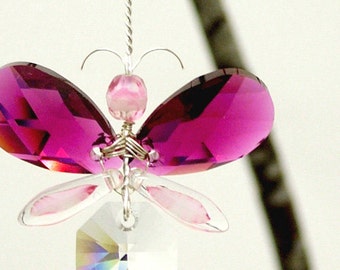 Regalo de mariposa Swarovski cristal Suncatcher coche encanto accesorios de coche rosa mariposa ornamento retrovisor espejo encanto guardián ángel regalo