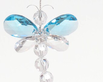 Swarovski Crystal Suncatcher Rear View Mirror Charm Blue Dragonfly Mobile Nursery Decor Car Charm Baby Boy Nursery Gift Idea Window Charm