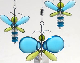 Azul mariposa móvil cristal Suncatcher verde mariposa ornamento de vidrio móvil niños hadas móvil caprichoso cristal mariposa colgante decoración