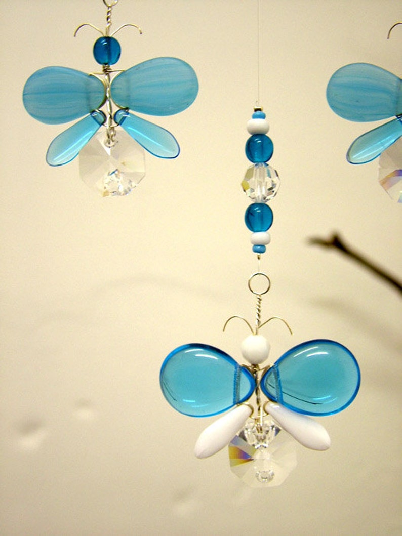 Childrens Hanging Mobile Butterfly Xmas Decor Blue Butterfly Mobile Swarovski Crystal Suncatcher Glass Mobile Garland Boy Baby Mobile Gift image 4