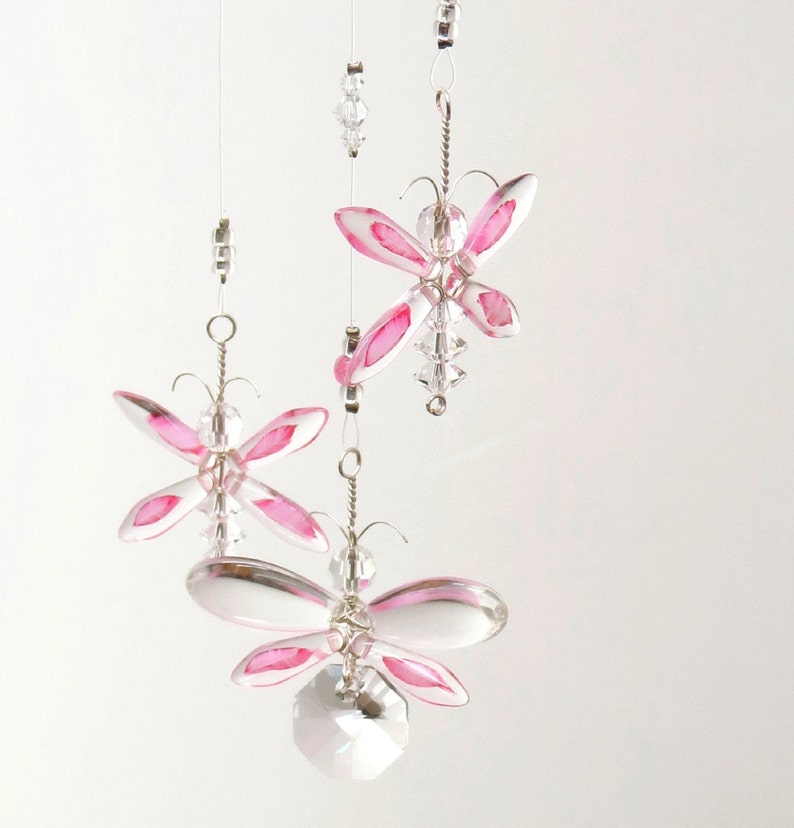 Pink Butterfly Mobile Crystal Suncatcher Baby Girl Gift Hanging Crystal Nursery Mobile Birthday Cadeau Angel Charm Fairy Window Décoration image 1