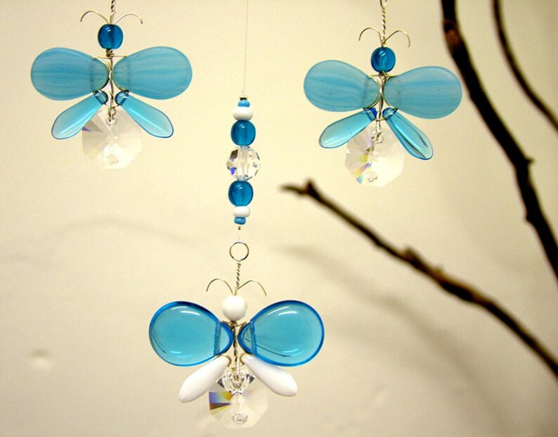 Childrens Hanging Mobile Butterfly Xmas Decor Blue Butterfly Mobile Swarovski Crystal Suncatcher Glass Mobile Garland Boy Baby Mobile Gift image 2