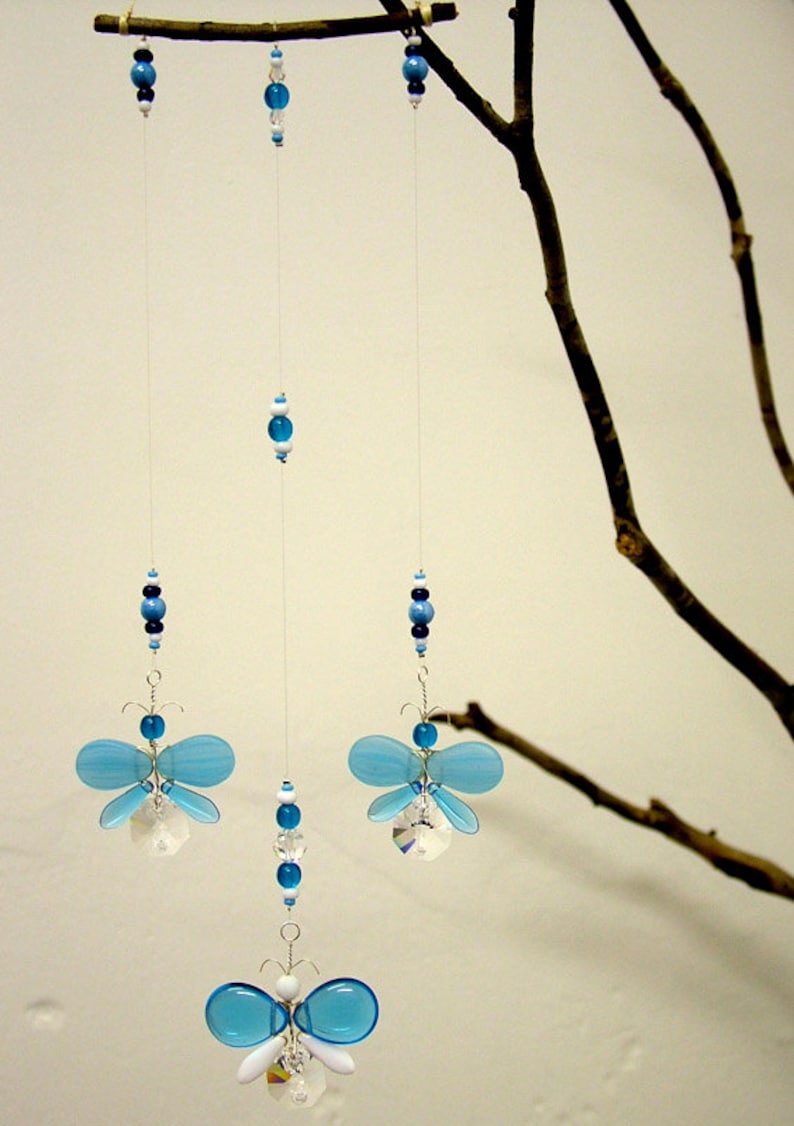 Childrens Hanging Mobile Butterfly Xmas Decor Blue Butterfly Mobile Swarovski Crystal Suncatcher Glass Mobile Garland Boy Baby Mobile Gift image 5