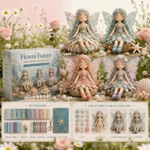 Op de afbeelding: Een Flower Fairies patchwork feeën DIY-set met vier feeënfiguren in blauwe, roze en paarse tinten. De set bevat stoffen, garen, een naald, vulling en accessoires, inclusief een stapsgewijze handleiding voor het maken van de feeën.