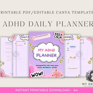 Może przedstawiać: Szablon dziennego planera ADHD do druku w formacie A4 z jasnofioletowym tłem, kolorowymi grafikami gwiazdek i kwiatów oraz tekstem, w tym "MY ADHD PLANNER", "KEEP CALM", "WOW!" oraz "designed for the way your brain ACTUALLY works".