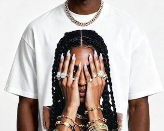 Black Woman Braids Gold Jewelry Portrait Graphic Tee – Retro Hip Hop Streetwear Shirt