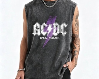 Retro AC/DC Purple Bolt Sleeveless Tee Acid Wash Oversized Rock Gym Casual Vest