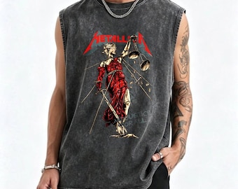 Metallica And Justice For All Sleeveless Tank Top: Vintage Acid Wash Thrash Metal Tee