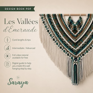 Macrame Design Book PDF "Vallées d'Émeraude" – Intermediate to Advanced Wall Hanging Guide with Cord Lengths, Tips & Free Video Tutorial