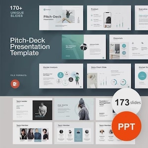 Könnte beinhalten: Eine digitale Präsentationsvorlage mit dem Titel Pitch-Deck Presentation Template, die über 170 einzigartige Folien enthält. Das Layout zeigt verschiedene Folienbeispiele, darunter Marktanalysen, Datendiagramme und Teamprofile mit Text.
