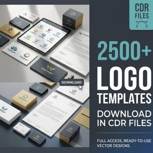 May include: A digital collection of 2500+ logo templates in CDR files, featuring various business cards, letterheads, and boxes with printed logos. The text reads 2500+ LOGO TEMPLATES DOWNLOAD IN CDR FILES, FULL ACCESS, READY-TO-USE VECTOR DESIGNS.