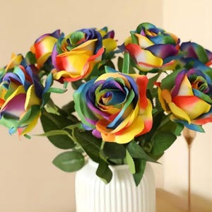 Rainbow Rose Artificial Flowers Silk Long Stem Colorful Wedding Home Decor