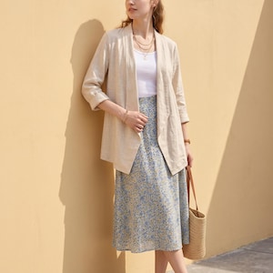 100% Natural Linen Cardigan, 3/4 Sleeve Shawl Collar Summer Cover Up