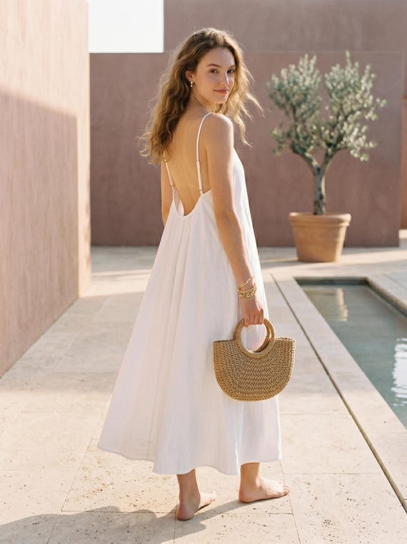 low cut loose dress 100% Linen Back Maxi Dress, Spaghetti Strap Beach Sundress Size:Small (6-8) puff sleeve dress 🕊️Stunning Folkster bridesmaid dresses Bridesmaid dresses fit bodice with an