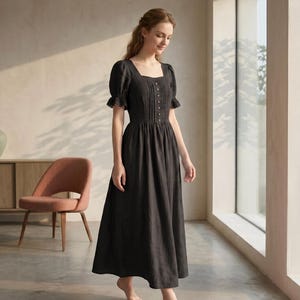 Linen Wedding Guest Dress, Dusty Rose Puff Sleeve Midi, Square Neck Cottagecore Gown
