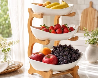 3 Tier Fruit Basket Stand, Wood Ceramic Countertop Organizer, Farmhouse Kitchen Decor