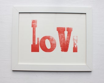 Love - letterpress print / wood type / printed by hand / red / wall decor / wall art / framed print / anniversary gift / wedding gift