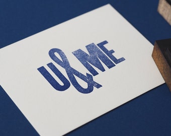 u & me - letterpress print / wood type / blue ink / wall decor / Valentine's / love / you and me / u and me / ampersand / printed by hand