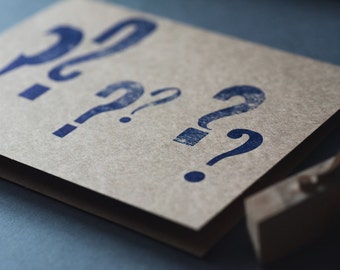 Question mark - letterpress card / blank card / question / doubt / uncertainty / blue ink / kraft / brown paper / printed by hand