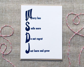 Worry less, smile more, do not regret, just learn and grow - letterpress print / life lessons / inspiration / gift idea / blue / wall decor