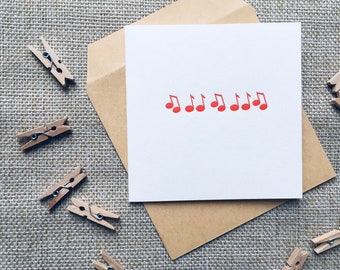 Listen to your heart - letterpress card / red / music notes / inspiration / encouragement / motivation / square card / printed by hand