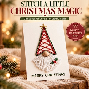 Christmas Gnome Embroidery Card Pattern PDF, Thread Card Template, DIY Holiday Greeting Card, Beginner Christmas Craft, Hand Stitched Card