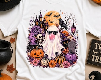 Comfort Colors© Ghost Blowing Bubble Gum shirt, Halloween vibes shirt, Witchy Fall Aesthetic Tee, Girly Haunted House Sweater