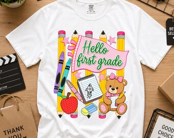 Comfort Colors® Hello First Grade Shirt, First Day of School Shirt, Back To School Shirt, 1st Grade Student Shirt, Teacher Bracelet Shirt