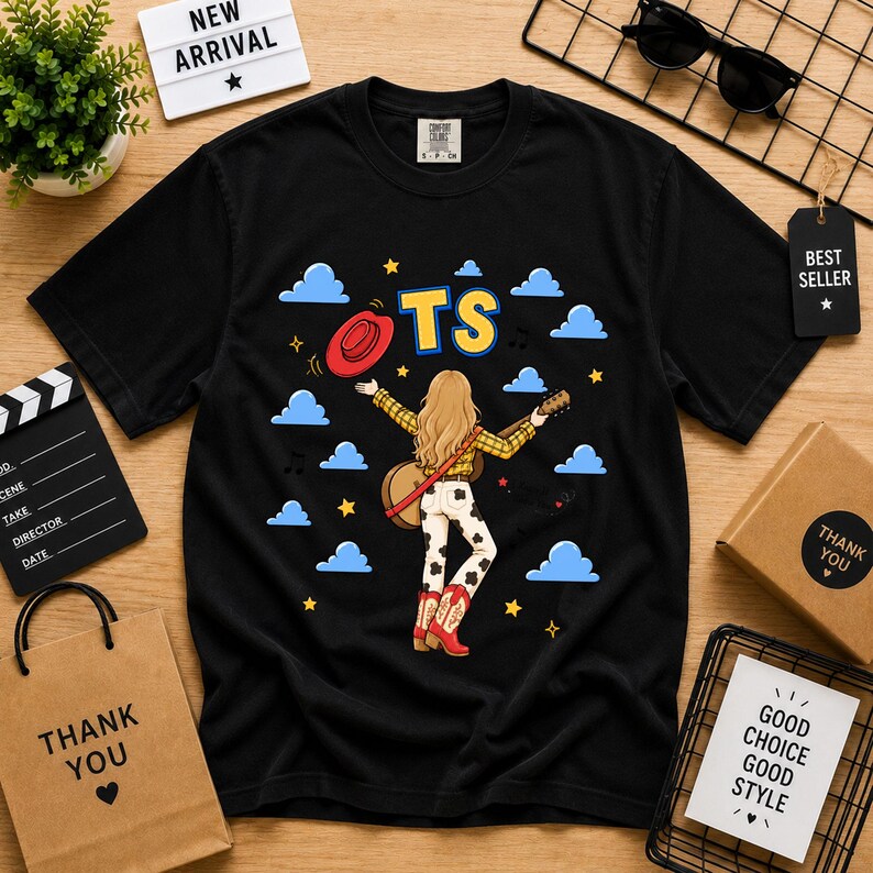May include: A black t-shirt featuring a graphic of a person with long blonde hair wearing a yellow plaid shirt, cow-print pants, and red cowboy boots. The person holds a guitar and a red hat, surrounded by blue clouds, yellow stars, and the text TS.