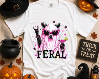 Comfort Colors Feral Raccoon Ghost Halloween shirt, Cute Little Ghost Shirt, Spooky Season, Ghost Coffee Shirt