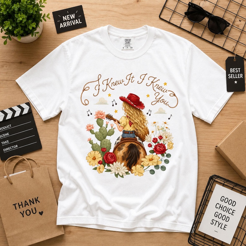 Puede incluir: Una camiseta blanca de manga corta con un gr&aacute;fico de una persona rubia con sombrero de vaquero rojo tocando la guitarra sobre un caballo. El dise&ntilde;o incluye cactus, flores, notas musicales y el texto I Knew It I Knew You en color marr&oacute;n.