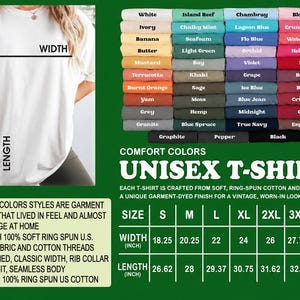 Puede incluir: Una camiseta unisex blanca mostrada con una carta de colores que exhibe varios tonos de tela, incluyendo White, Ivory, Banana, Butter, Mustard, Terracotta, Burnt Orange, Yam, Grey, Granite, Island Reef, Chalky Mint, Seafoam, Light Green, Bay, Khaki, Sage, Moss, Hemp, Blue Spruce, Graphite, Chambray, Lagoon Blue, Flo Blue, Orchid, Violet, Grape, Ice Blue, Blue Jean, Midnight, True Navy, Pepper, Blossom, Crunchberry, Watermelon, Heliconia, Red, Berry, Brick, Crimson, Chili, Espresso y Black, junto a una tabla de tallas.