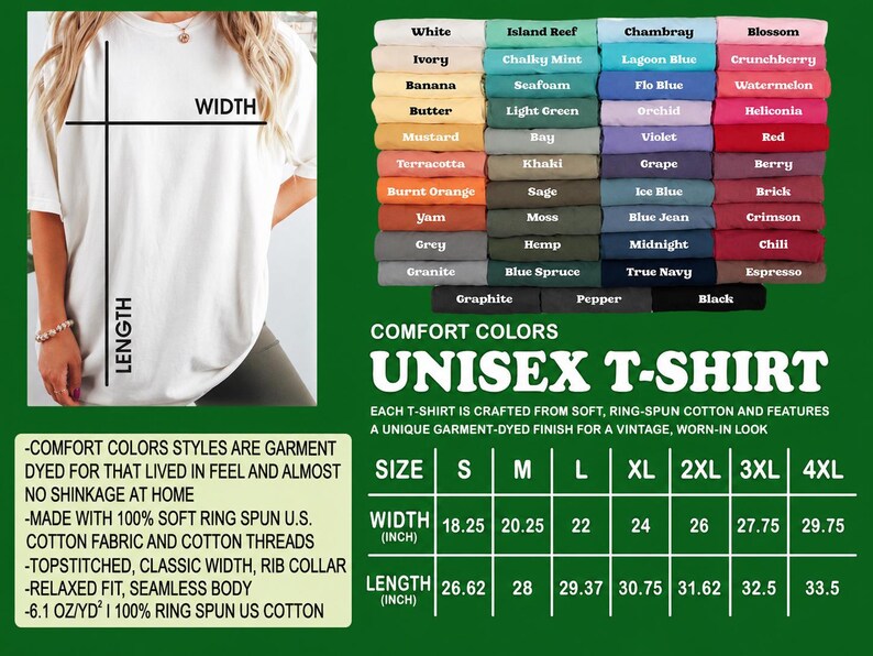 Puede incluir: Una camiseta unisex blanca mostrada con una carta de colores que exhibe varios tonos de tela, incluyendo White, Ivory, Banana, Butter, Mustard, Terracotta, Burnt Orange, Yam, Grey, Granite, Island Reef, Chalky Mint, Seafoam, Light Green, Bay, Khaki, Sage, Moss, Hemp, Blue Spruce, Graphite, Chambray, Lagoon Blue, Flo Blue, Orchid, Violet, Grape, Ice Blue, Blue Jean, Midnight, True Navy, Pepper, Blossom, Crunchberry, Watermelon, Heliconia, Red, Berry, Brick, Crimson, Chili, Espresso y Black, junto a una tabla de tallas.