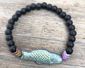 shiny salmon black bead bracelet, spirit animal fish bracelet, unique silver colorful fish charm bracelet, Native American energy bracelet