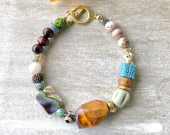 eclectic boho bracelet unisex healing stone energy bracelet emotional growth jewelry symbolic protection abalone opal wood toggle bracelet