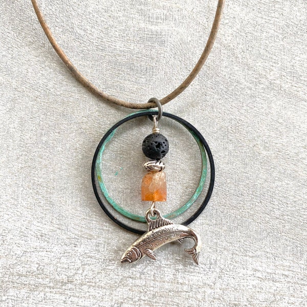 salmon necklace symbolic Native American spirit animal totem pendant Leo birthday custom jewelry strength handmade gift husband guy friend