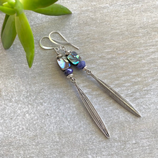 long feather earring emotional healing gift her boho chic earring Native American abalone earring dressy sophisticated woman purple stone