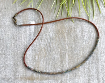 minimalist curved choker modern gift for positive vibes boho chic necklace  spiritual gift for edgy mom custom leather metal patina necklace