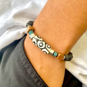 Men&#39;s Evil Eye Lava Bracelet: Bohemian Wood & Ceramic Jewelry