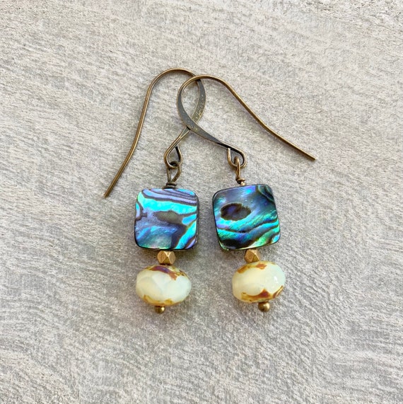 Square abalone and milky bead earrings wear every day | Etsy