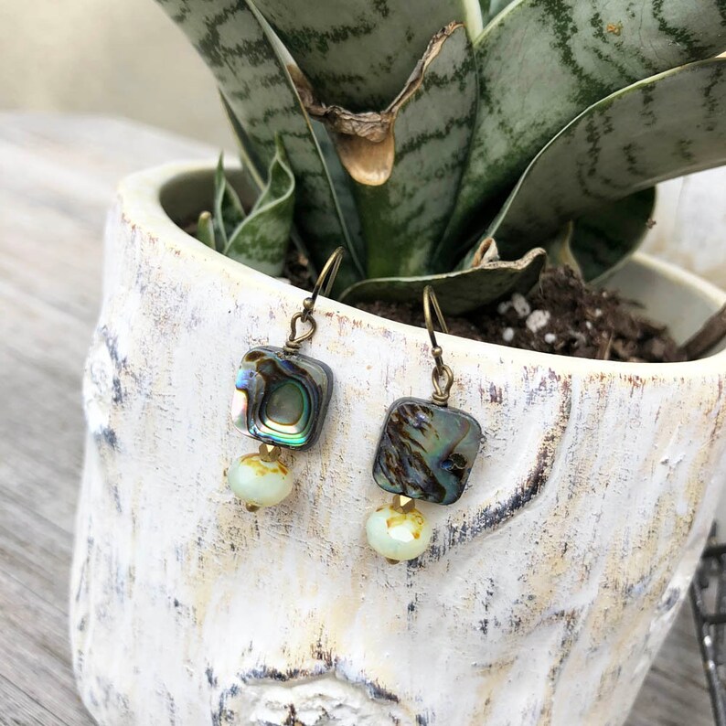 CLASSIC ABALONE EARRINGS Mothers Day Gift Birthday Present Abalone Shell Earrings Modern Boho Earrings Brass Abundance Earrings