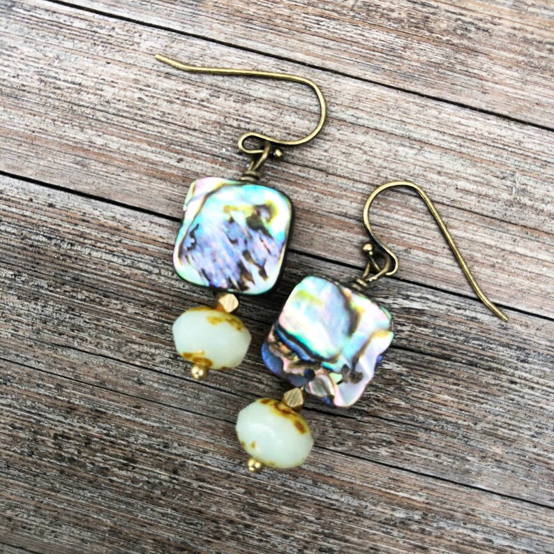 CLASSIC ABALONE EARRINGS Mothers Day Gift Birthday Present Abalone Shell Earrings Modern Boho Earrings Brass Abundance Earrings