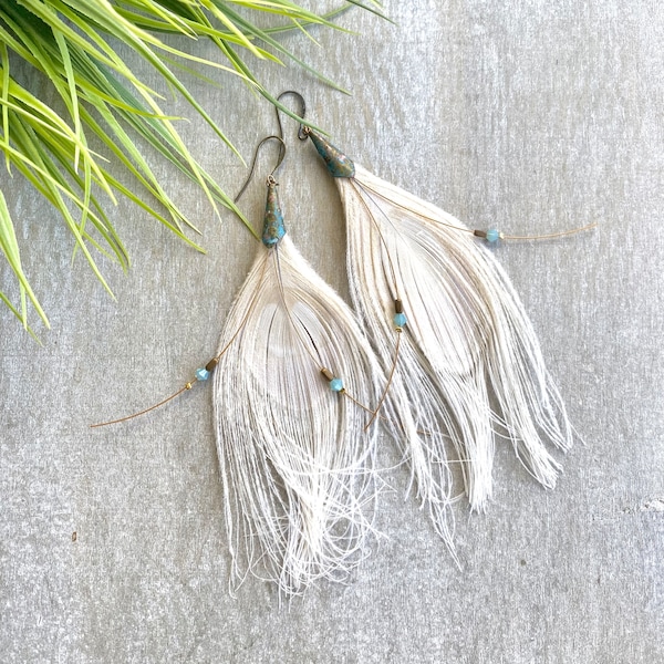 white feather earring modern boho bride earring symbolic spiritual guidance earrings peacock feather festival fashion hippie Native American