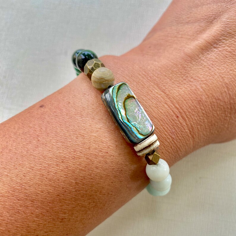 Green Beaded Bracelet Abalone Jewelry Bohemian Style Bracelet Energy