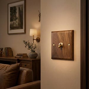 May include: A square light switch plate made of dark brown wood with a prominent grain pattern. The switch features a central brass toggle lever and is secured to the wall with two matching brass screws on the left and right sides.