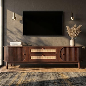 Rattan TV Stand Unit | Boho Wood TV Cabinet with Drawers | Natural Walnut Decor